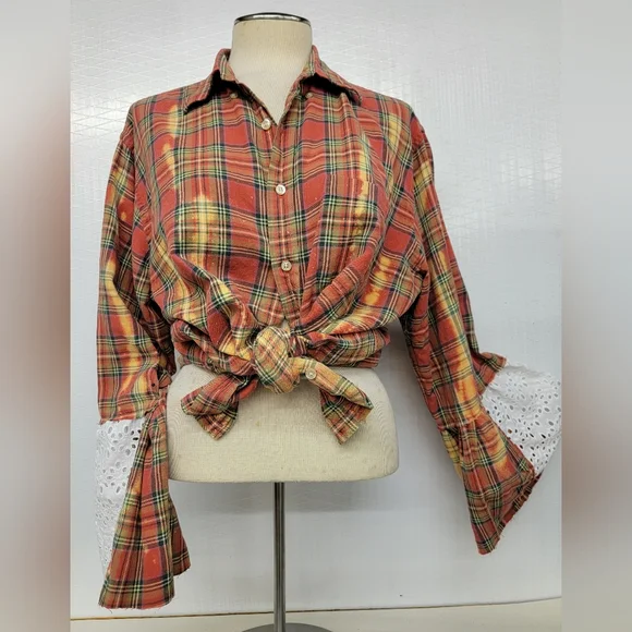 Fleetwood Mac Rock Band Flannel Shirt Jacket Shacket With Bell Sleeves Upcycled - Picture 7 of 11